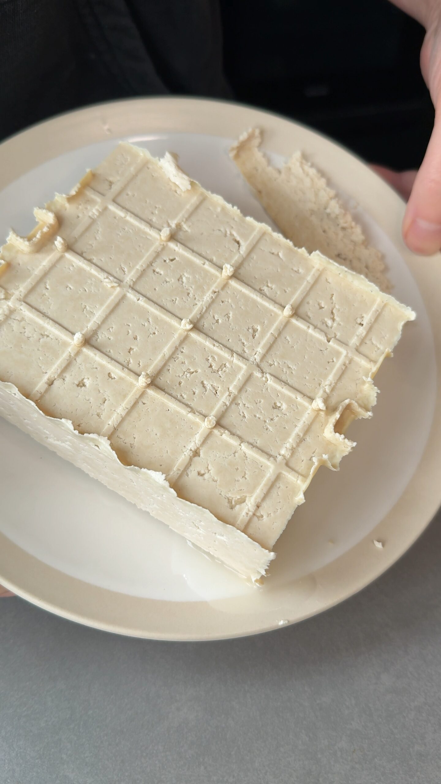 tofu-selber-machen-tofublock-teller Frisch gepresster selbstgemachter Tofublock auf einem weißen Teller, Rasterstruktur der Presse sichtbar